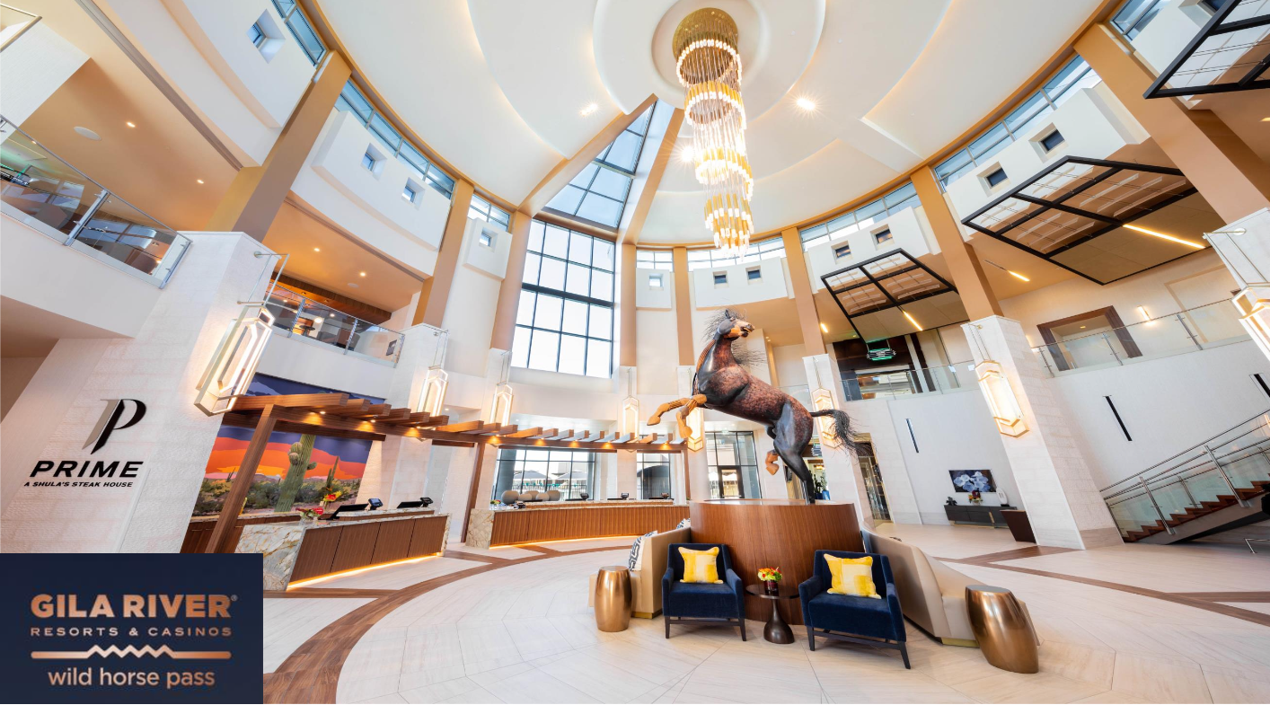 Picture of Wild Horse Pass Lobby with giant brass horse statue. 